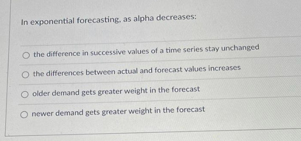 In exponential forecasting, as alpha decreases: