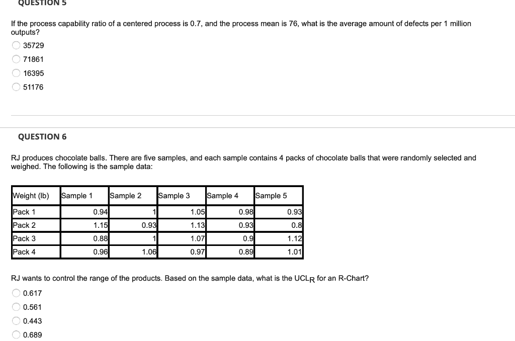 QUESTION 5 If the process capability ratio of a