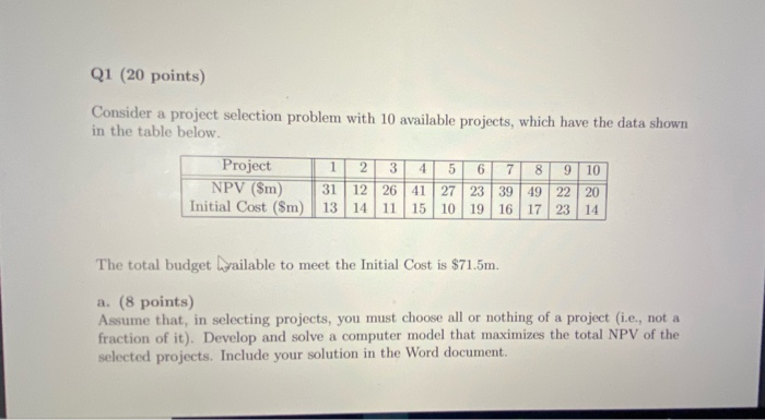 Q1 (20 points) Consider a project selection