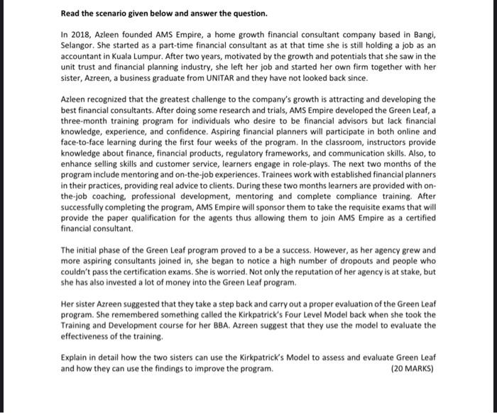 PLEASE ANSWER THIS QUESTION Read the scenario