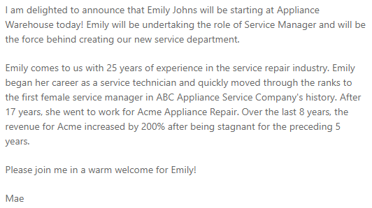 I am delighted to announce that Emily Johns will