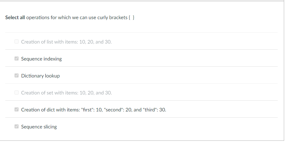 Select all operations for which we can use curly