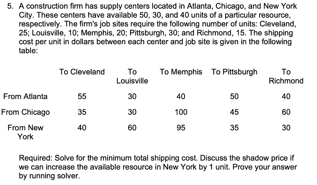 5. A construction firm has supply centers located