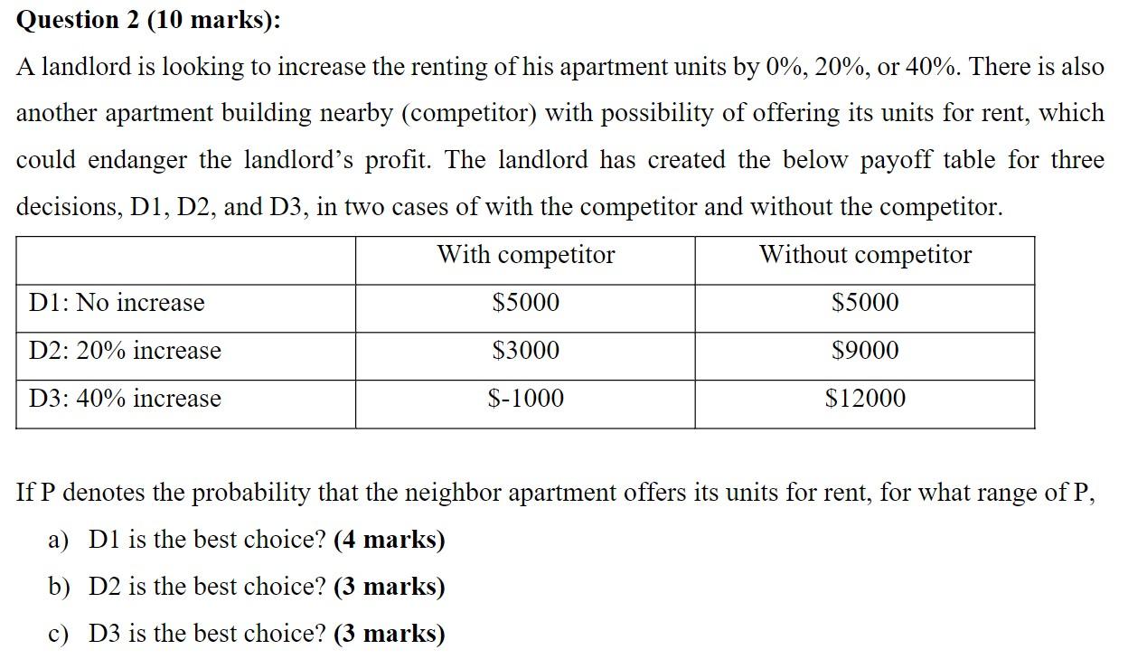 Question 2 (10 marks): A landlord is looking to