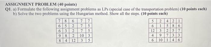 ASSIGNMENT PROBLEM (40 points) Q1. a) Formulate