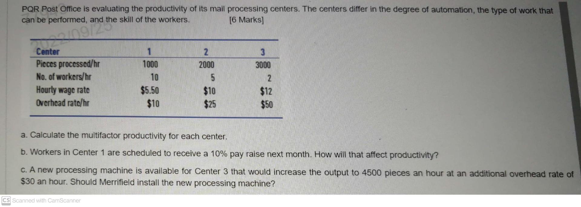 PQR Post Office is evaluating the productivity of
