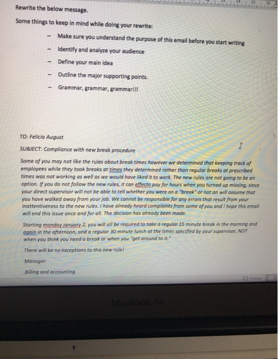 Rewrite the below message. Some things to keep in