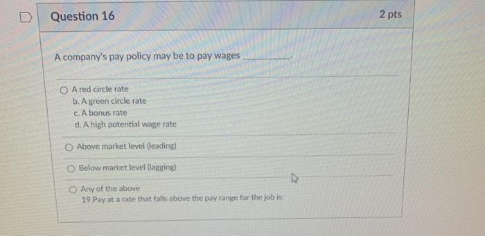 Question 16 2 pts A company's pay policy may be