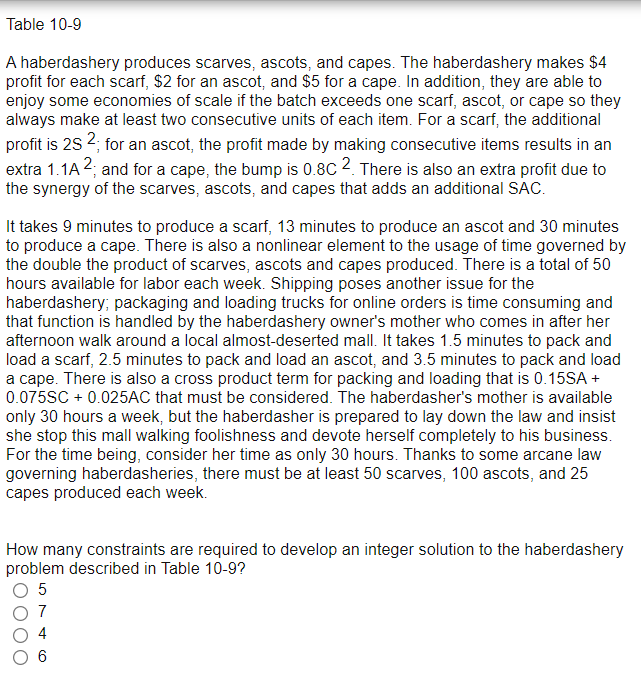 Table 10-9 A haberdashery produces scarves,