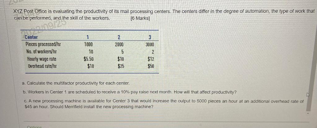 XYZ Post Office is evaluating the productivity of