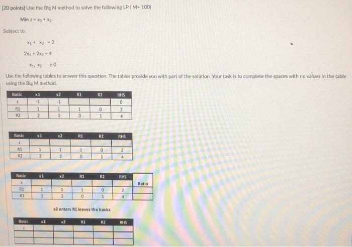 (20 points) Use the Big M method to solve the
