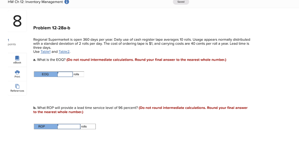 HW Ch 12: Inventory Management i Saved 8 Problem