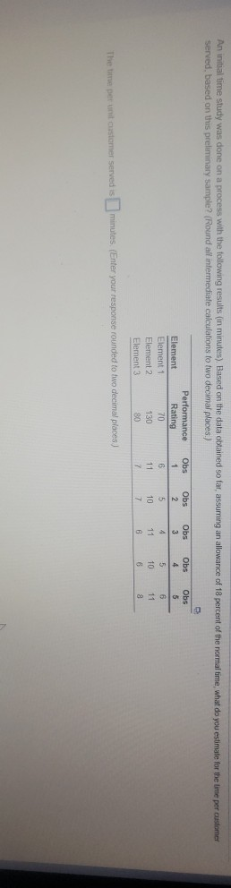 An initial time study was done on a process with