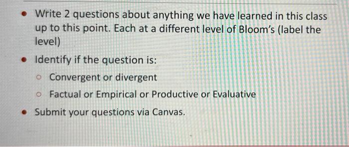 Write 2 questions about anything we have learned