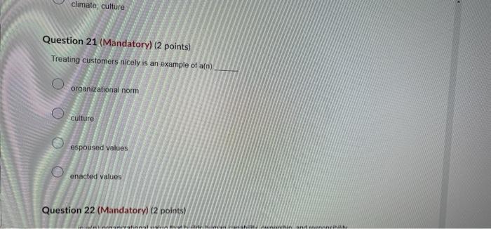 Question 20 (Mandatory) (2 points) Organizational