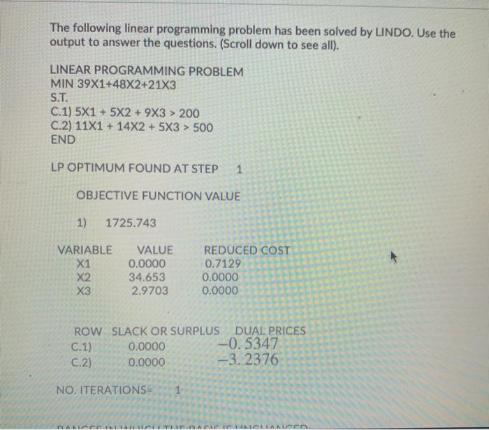 The following linear programming problem has been