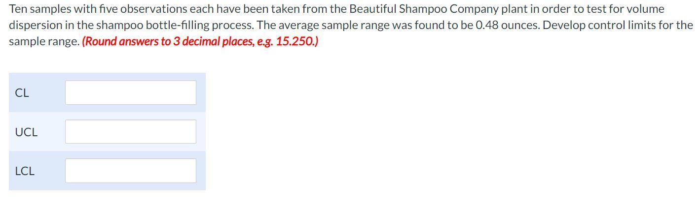 Ten samples with five observations each have been