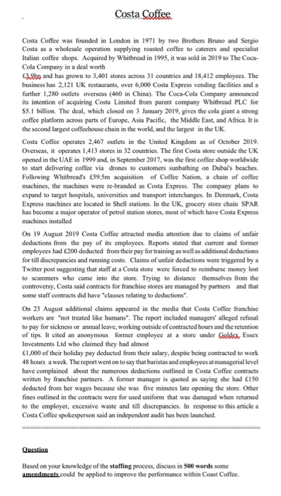 costa coffee staffing process Costa Coffee Costa