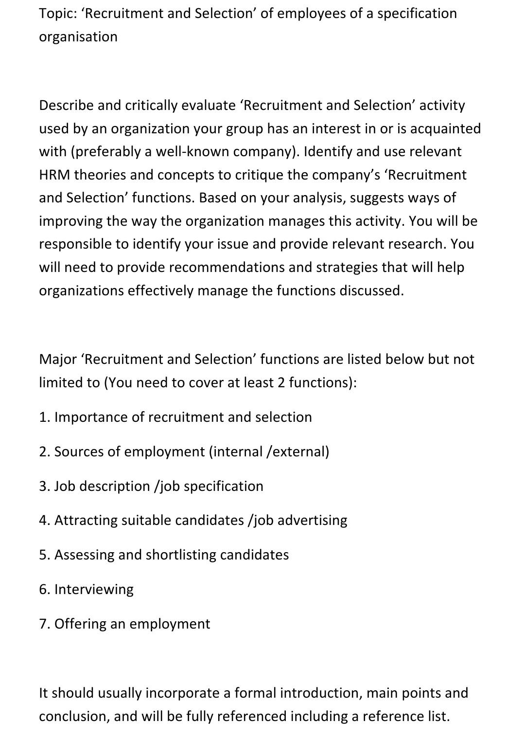 Topic: 'Recruitment and Selection' of employees