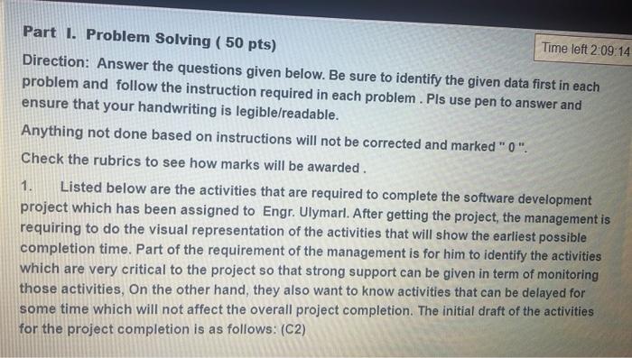 Part I. Problem Solving ( 50 pts) Direction: