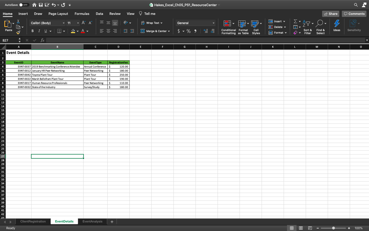 On the EventAnalysis worksheet, in cell D4, enter