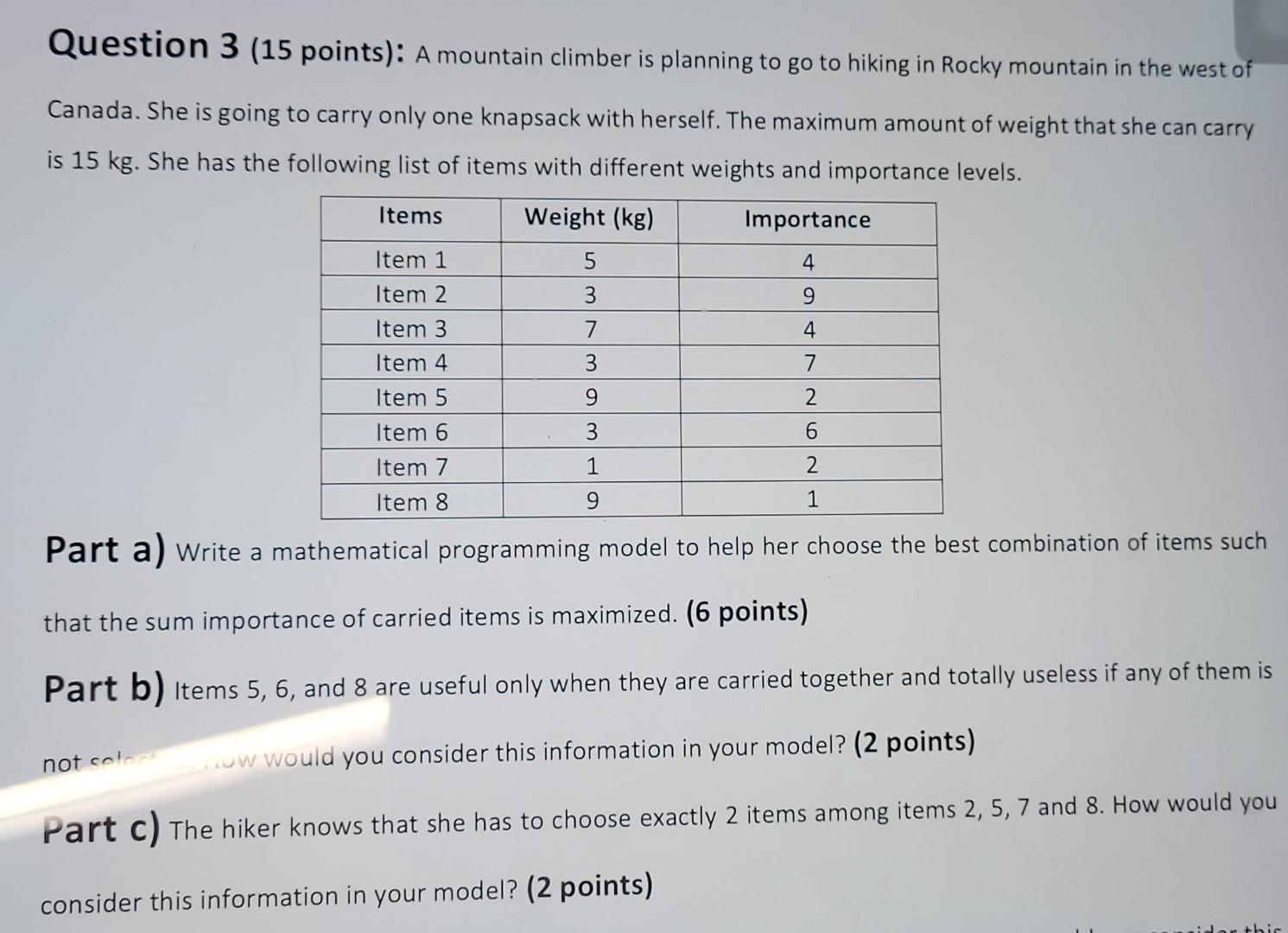 Question 3 (15 points): A mountain climber is