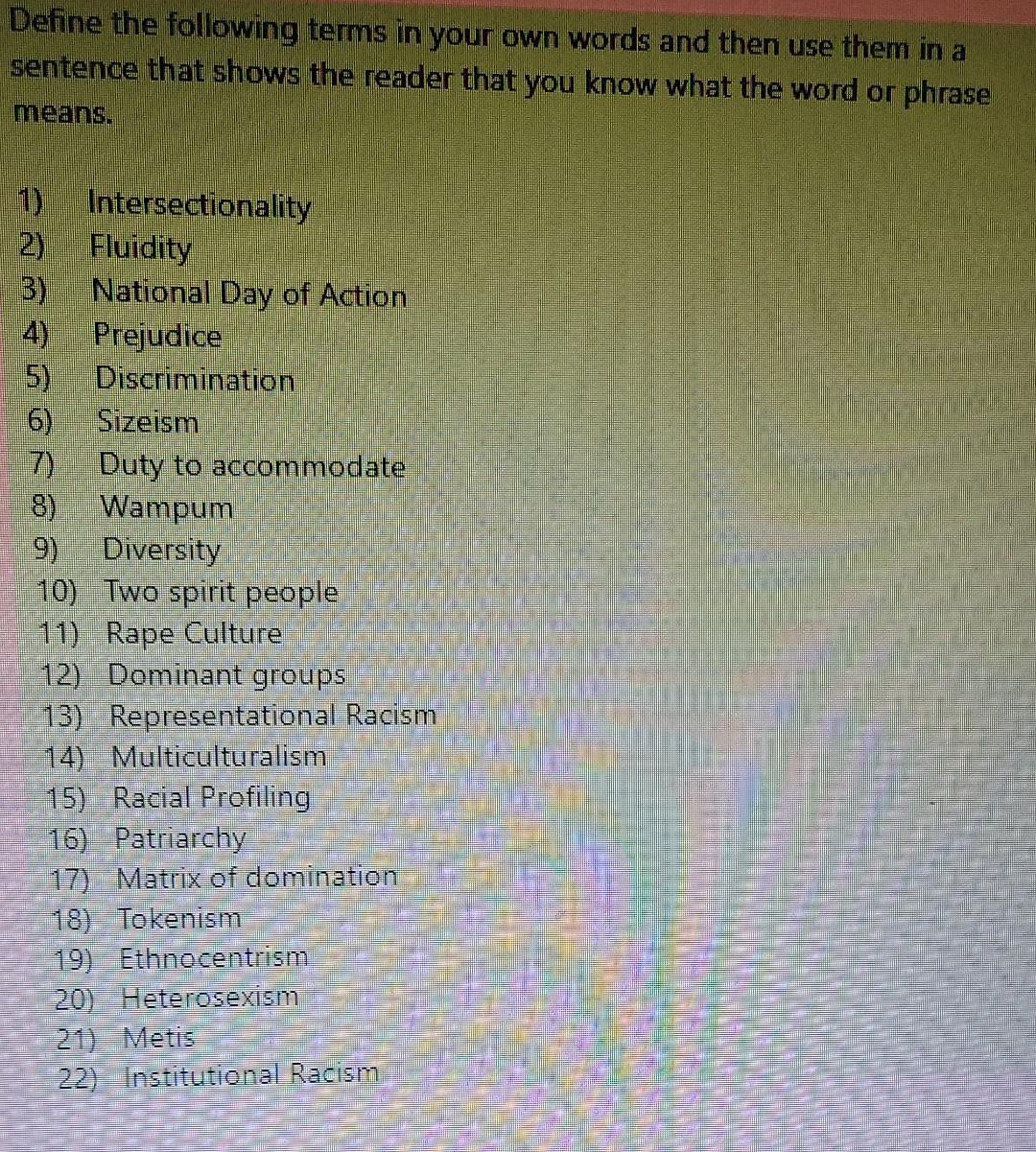 Define the following terms in your own words and