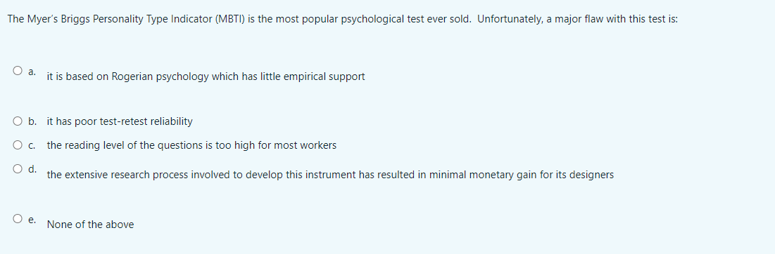 The Myer's Briggs Personality Type Indicator