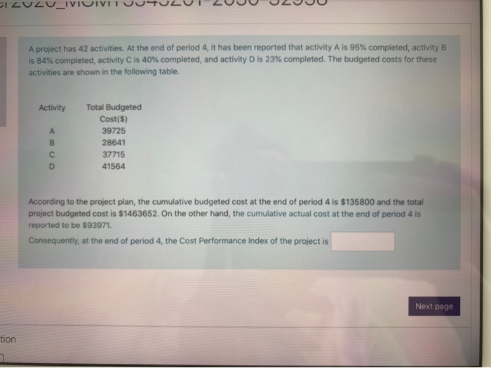 I ZUZU_IVIUIVI A project has 42 activities. At