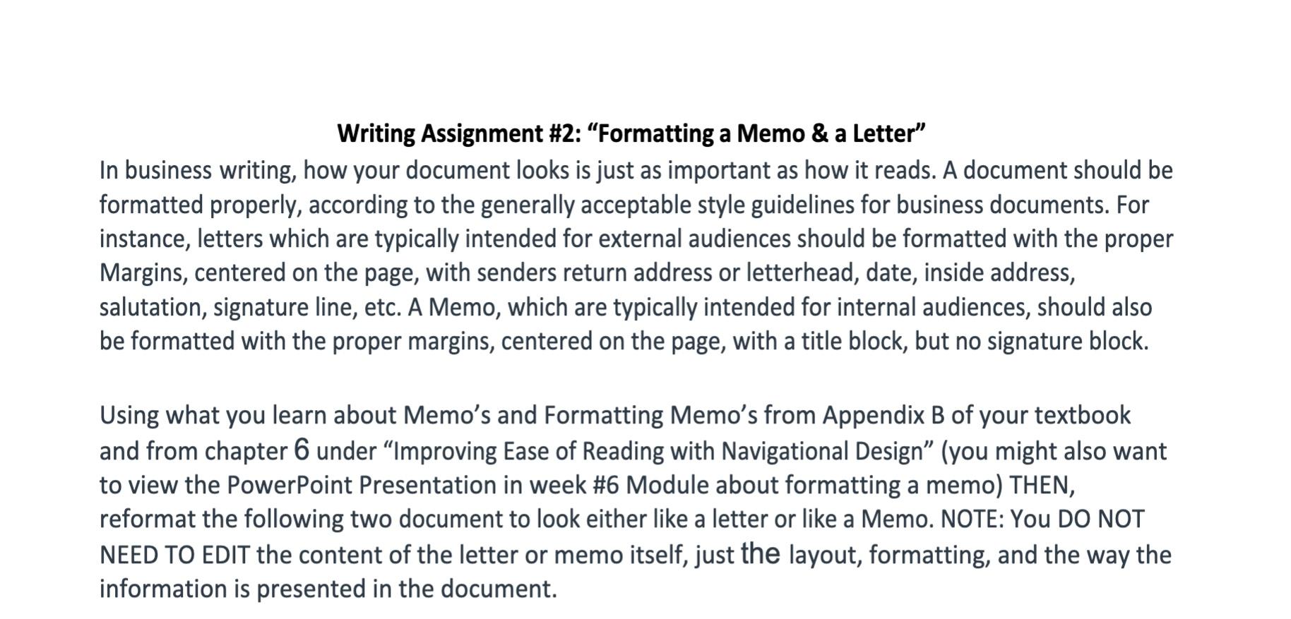 Writing Assignment #2: Formatting a Memo & a