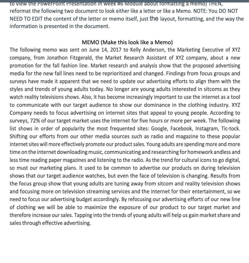 Writing Assignment #2: Formatting a Memo & a