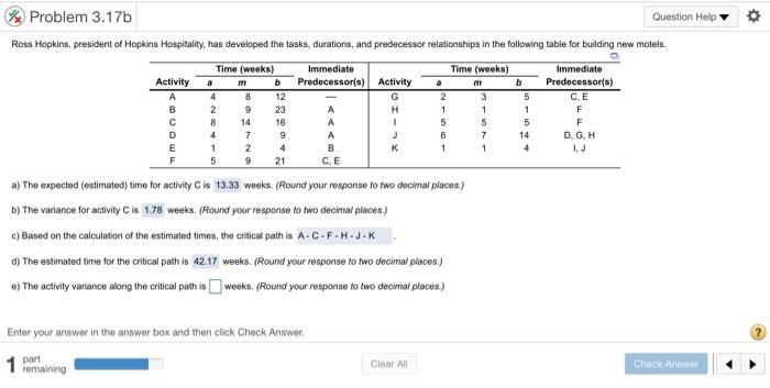 Immediate Predecessor(s) CE Time (weeks) a m 4 8
