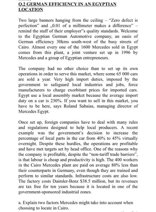 Q.2 GERMAN EFFICIENCY IN AN EGYPTIAN LOCATION Two