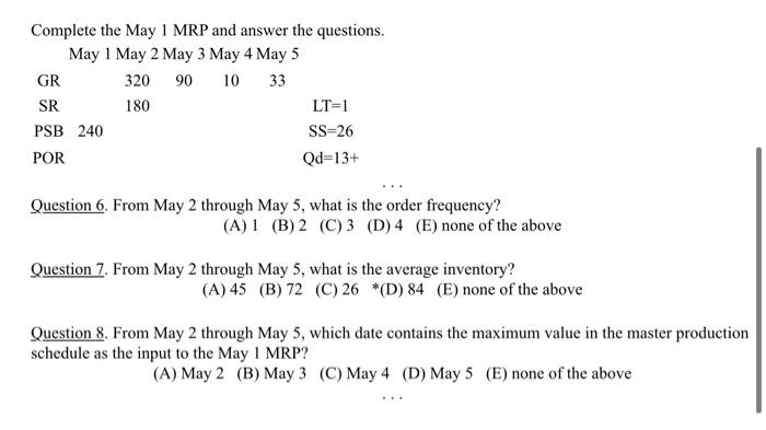 Complete the May 1 MRP and answer the questions.