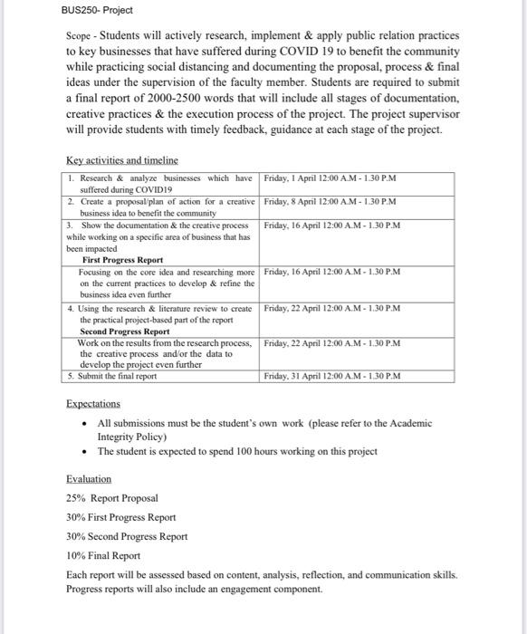 BUS250- Project Scope - Students will actively