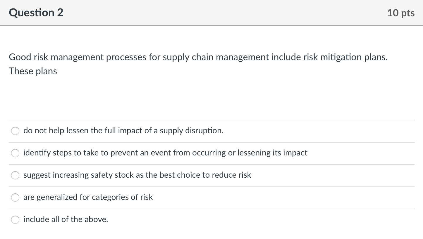 Question 2 10 pts Good risk management processes