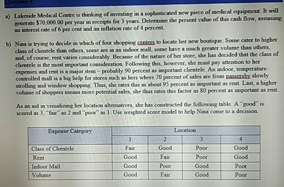 a) Lakeside Medical Centre is thinking of