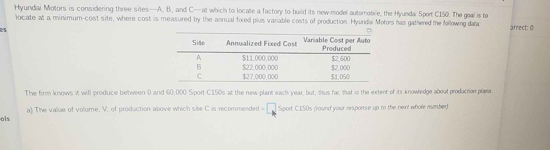 Hyundai Motors is considering three sites-A, B,