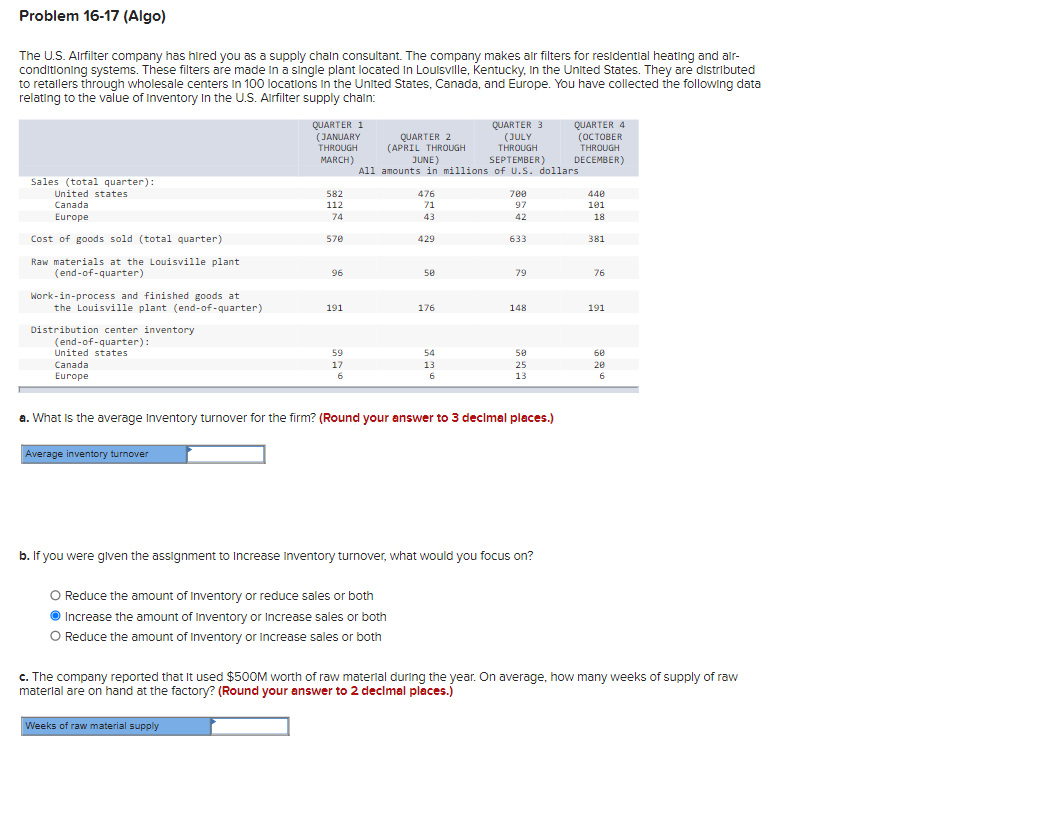 Problem 16-17 (Algo) The U.S. Airfilter company