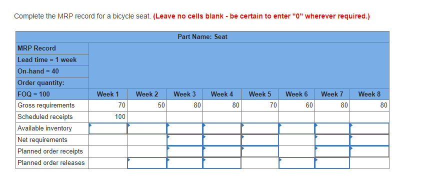 Complete the MRP record for a bicycle seat.
