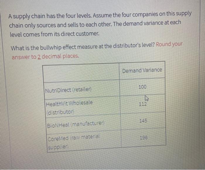 A supply chain has the four levels. Assume the