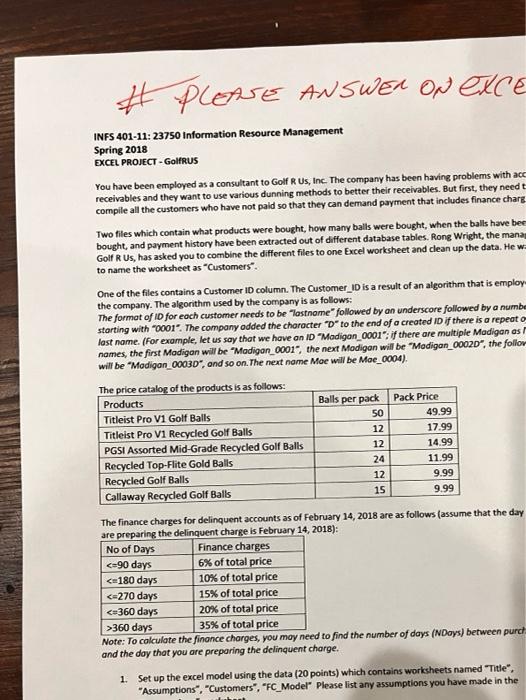 Excel Homework Question Please answer on