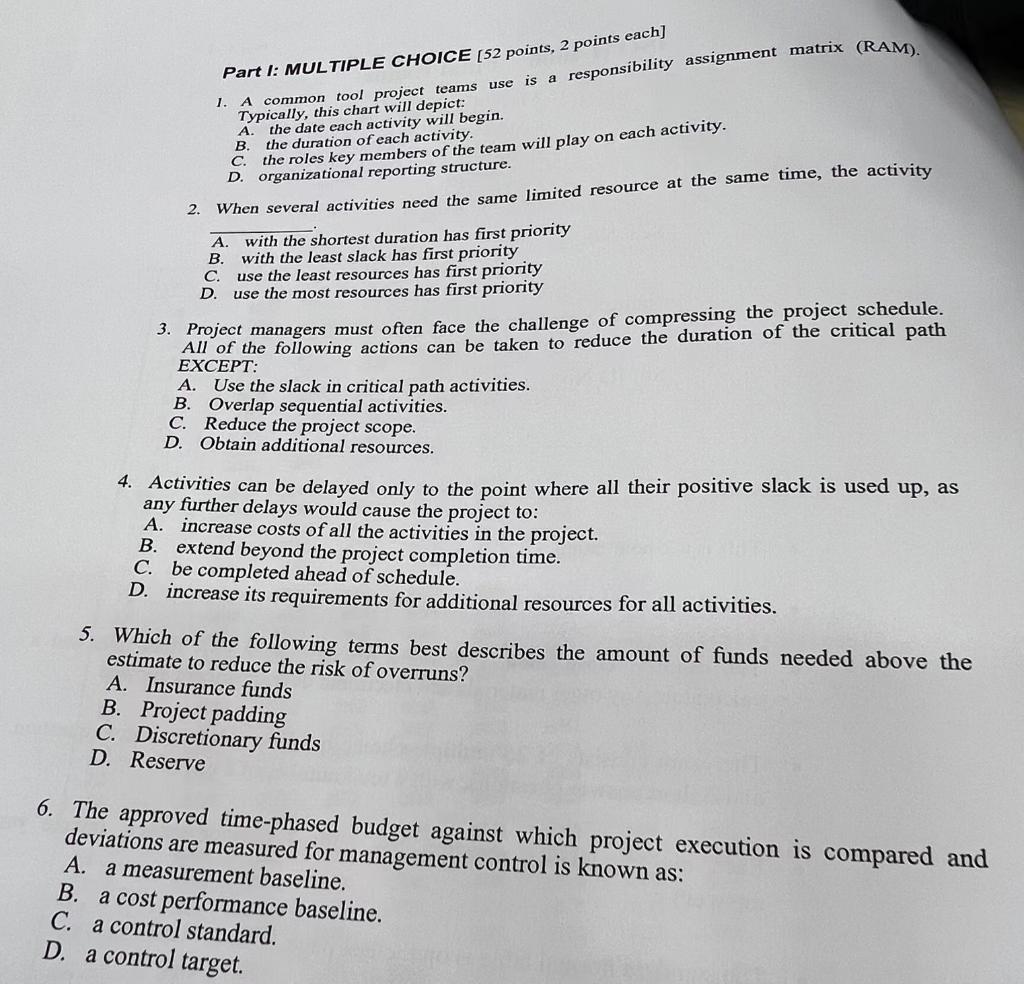 Part I: MULTIPLE CHOICE (52 points, 2 points