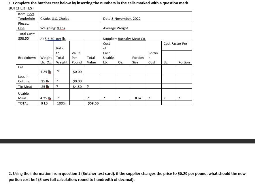 1. Complete the butcher test below by inserting