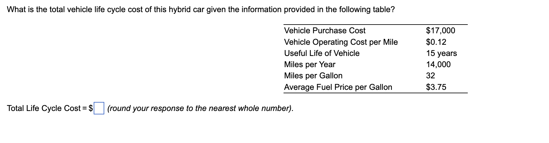 What is the total vehicle life cycle cost of this