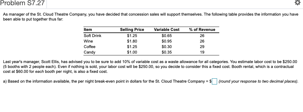 Problem S7.27 As manager of the St. Cloud Theatre