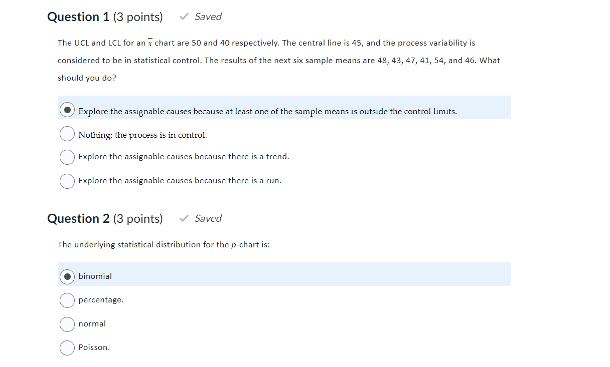 The UCL and LCL for an x chart are 50 and 40