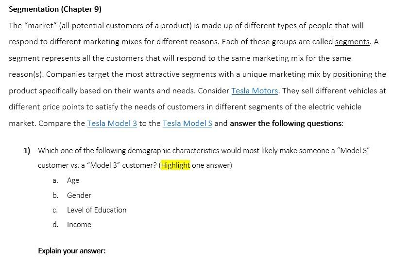 Segmentation (Chapter 9) The "market" (all