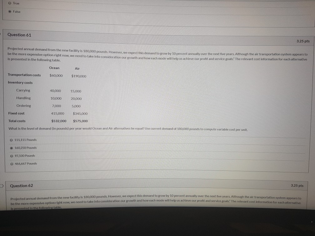 True False Question 61 3.25 pts Projected annual