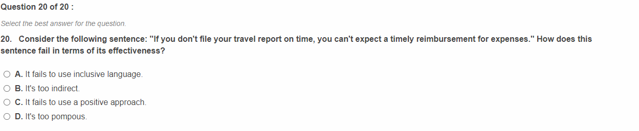 Question 20 of 20 : Select the best answer for